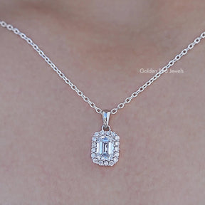 Close up view of Emerald Cut Lab Grown Diamond Halo Pendant