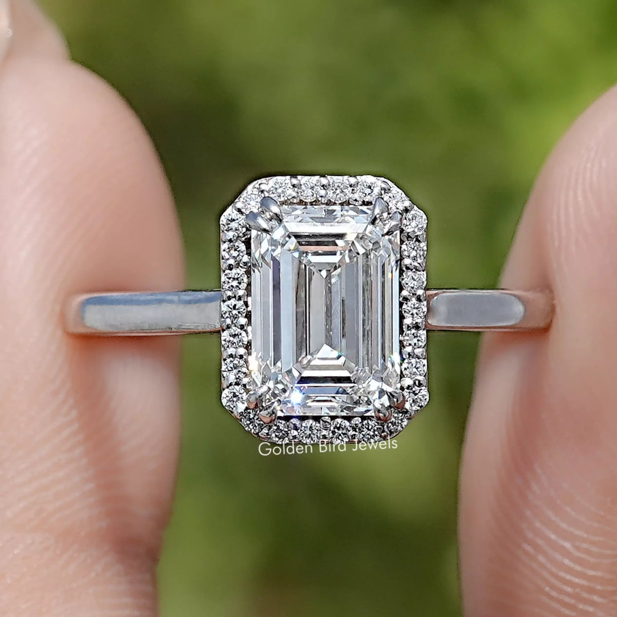 Front View of Emerald Cut Lab Diamond Halo Engagement Ring
