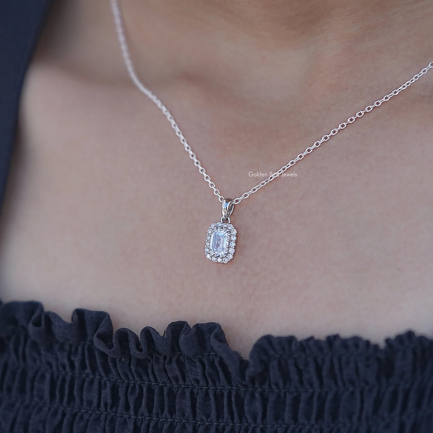 In Neck View of Emerald Cut Lab Grown Diamond Halo Pendant