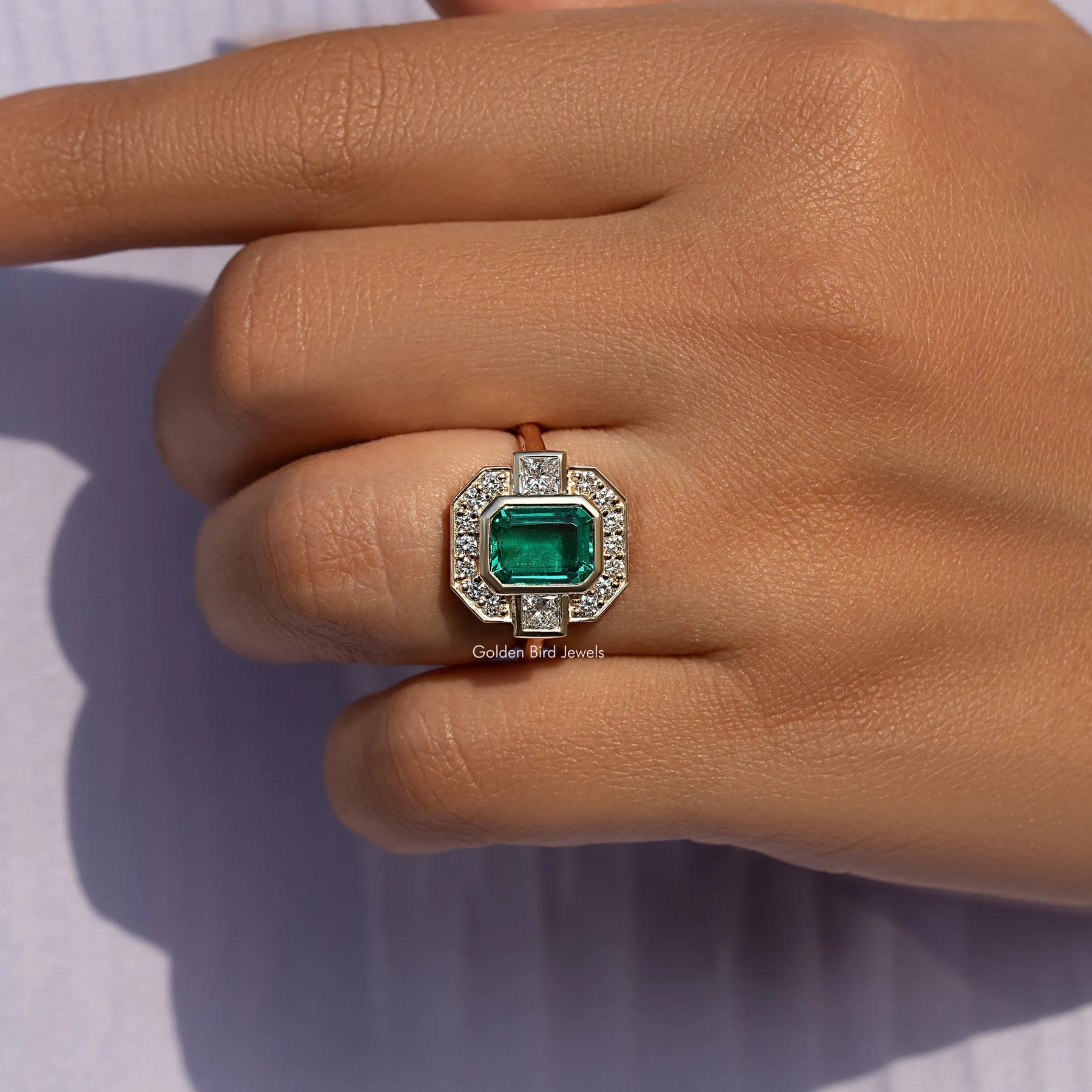 Emerald Lab Gemstone Halo Engagement Ring