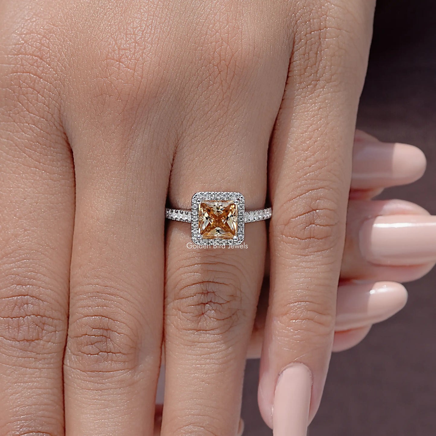 Champagne Princess Moissanite Accent Halo Ring