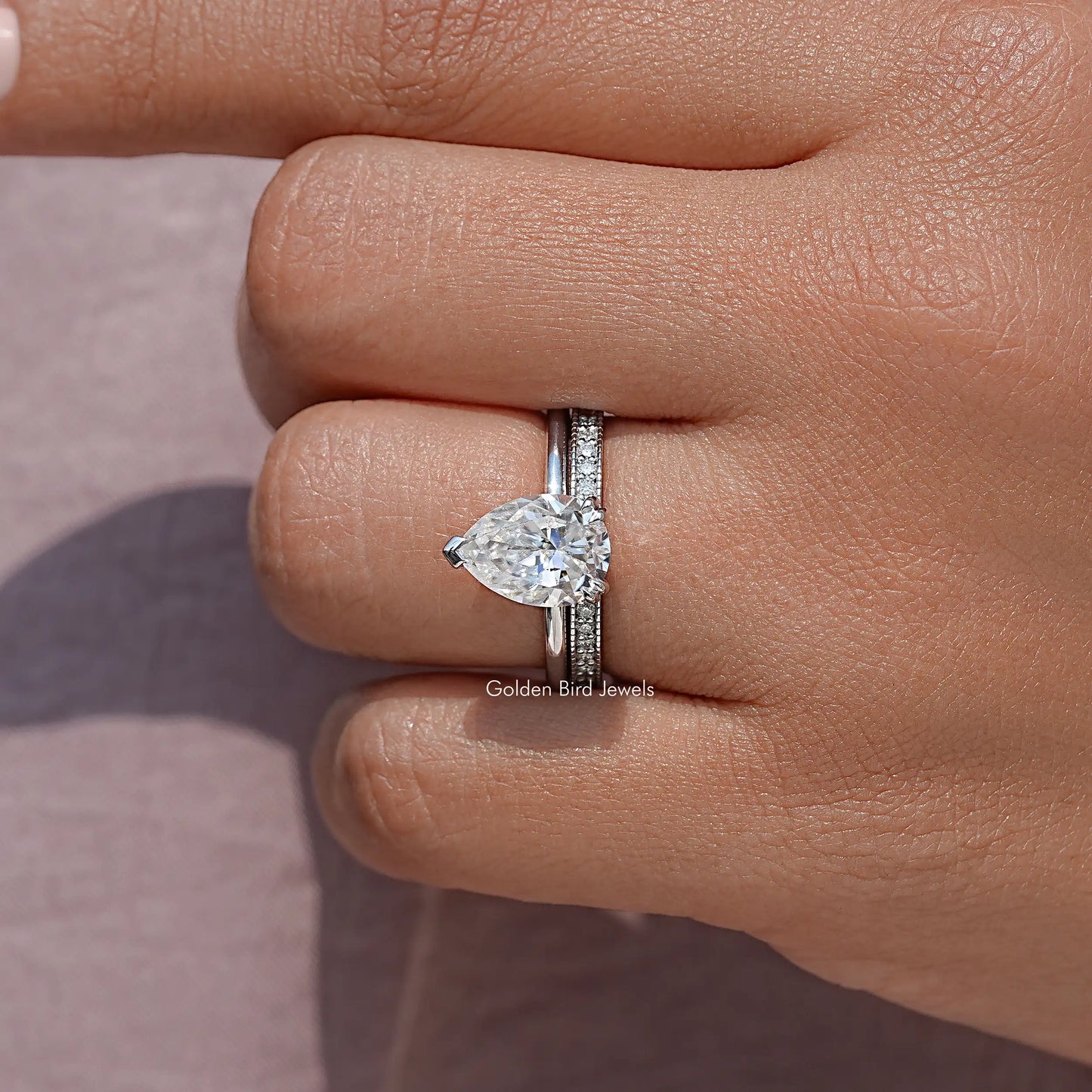 Pear Moissanite Hidden Halo Ring With Eternity Band