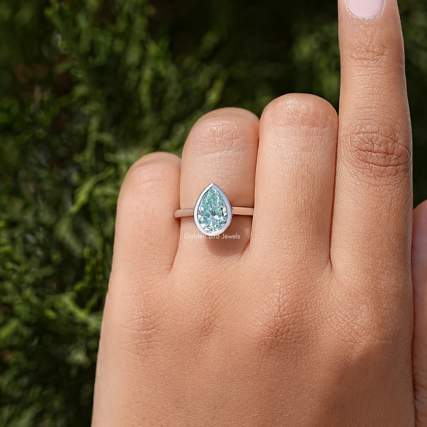 Old Mine Pear Cut Moissanite Diamond Bezel Set Ring