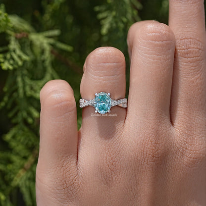 Blue Oval Moissanite Gemstone Accent Wedding Ring