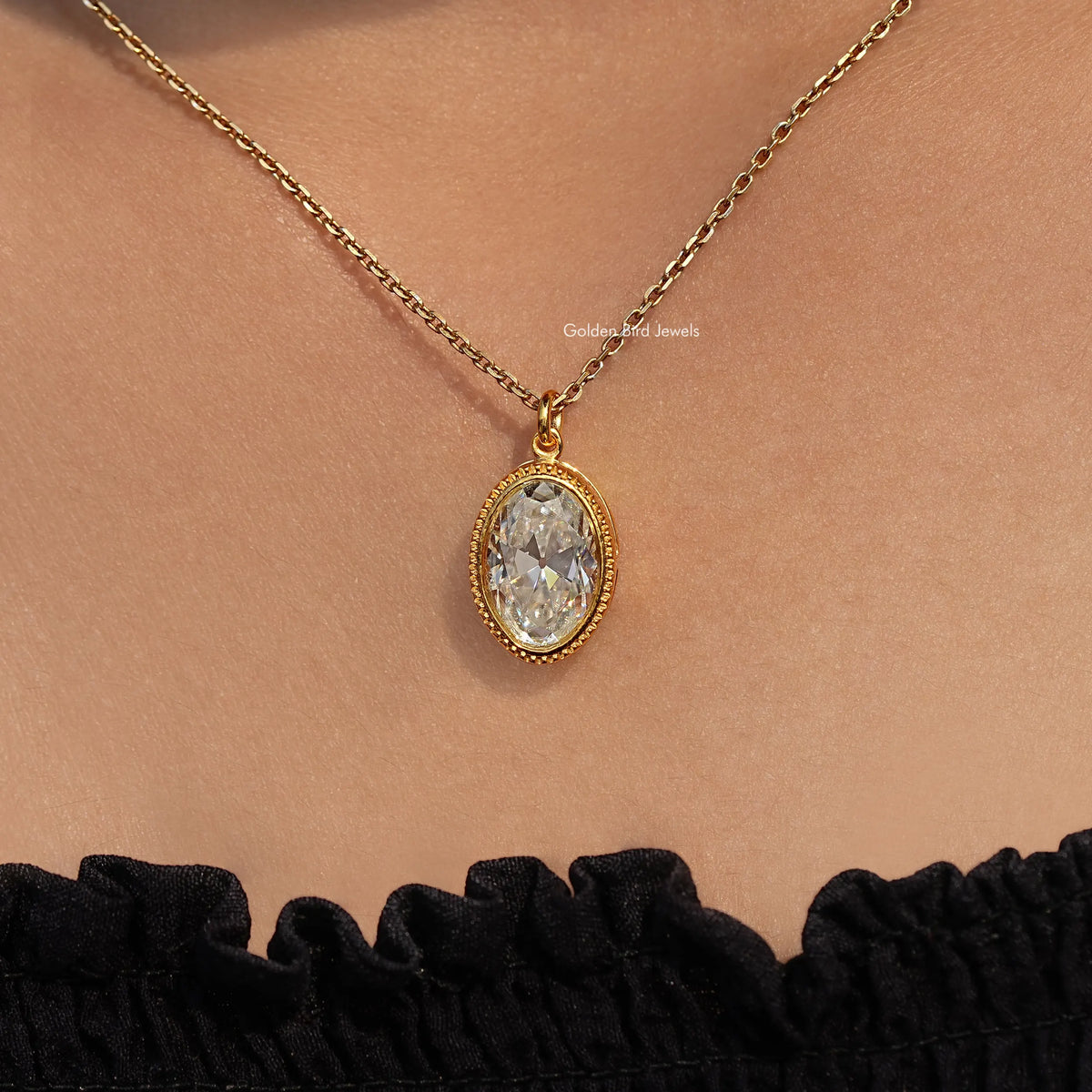 In neck View Of Old Mine Oval Moissanite Pendant