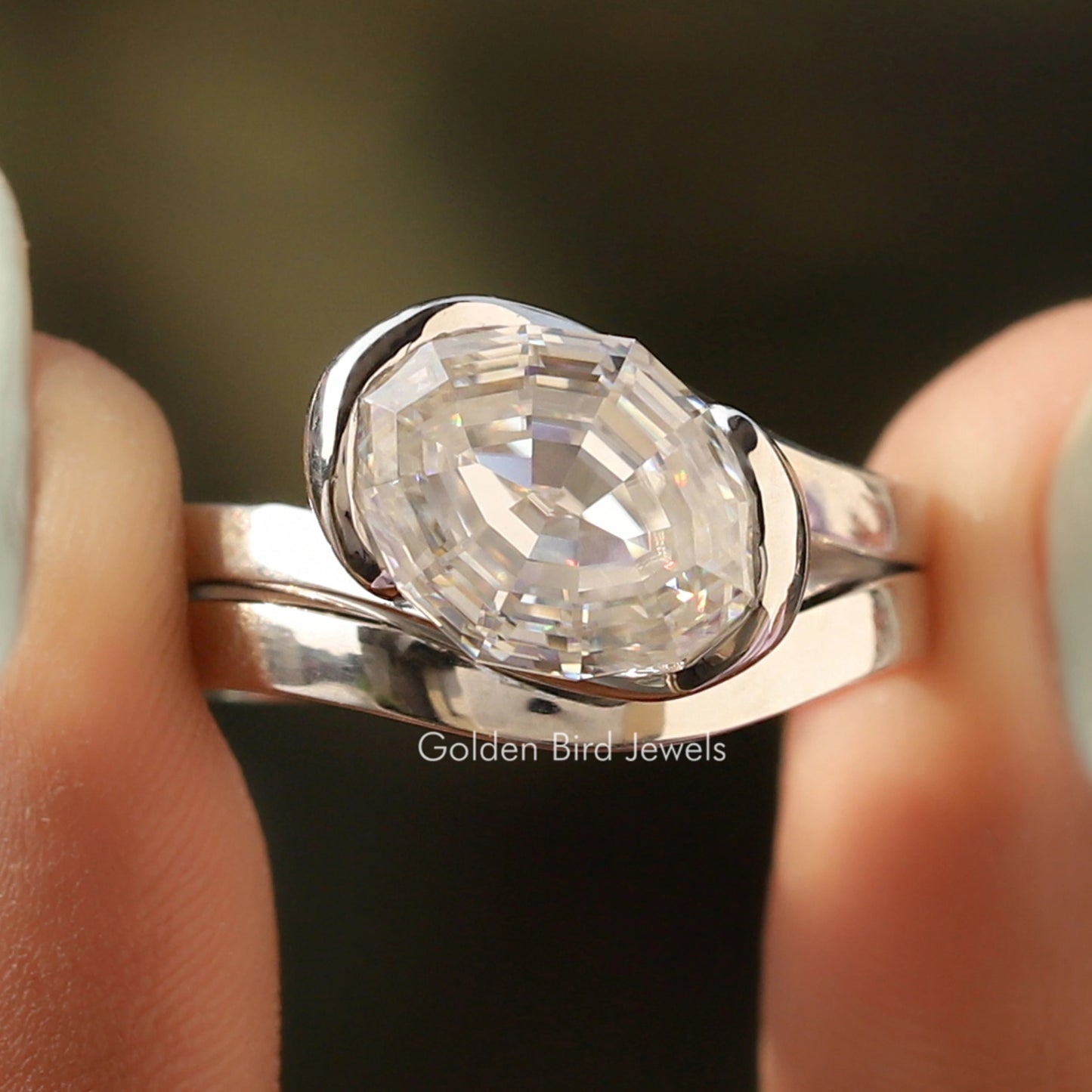 Step Cut Oval Moissanite Bypass Ring With Curved Band