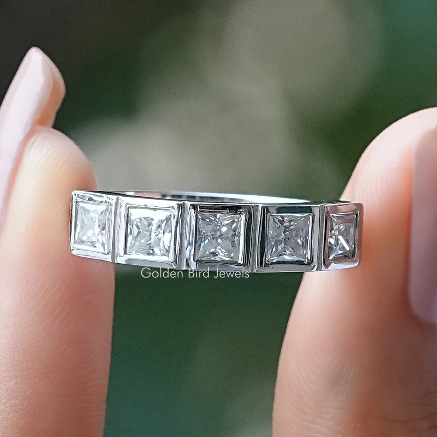 Five Stone Princess Cut Moissanite Wedding Band