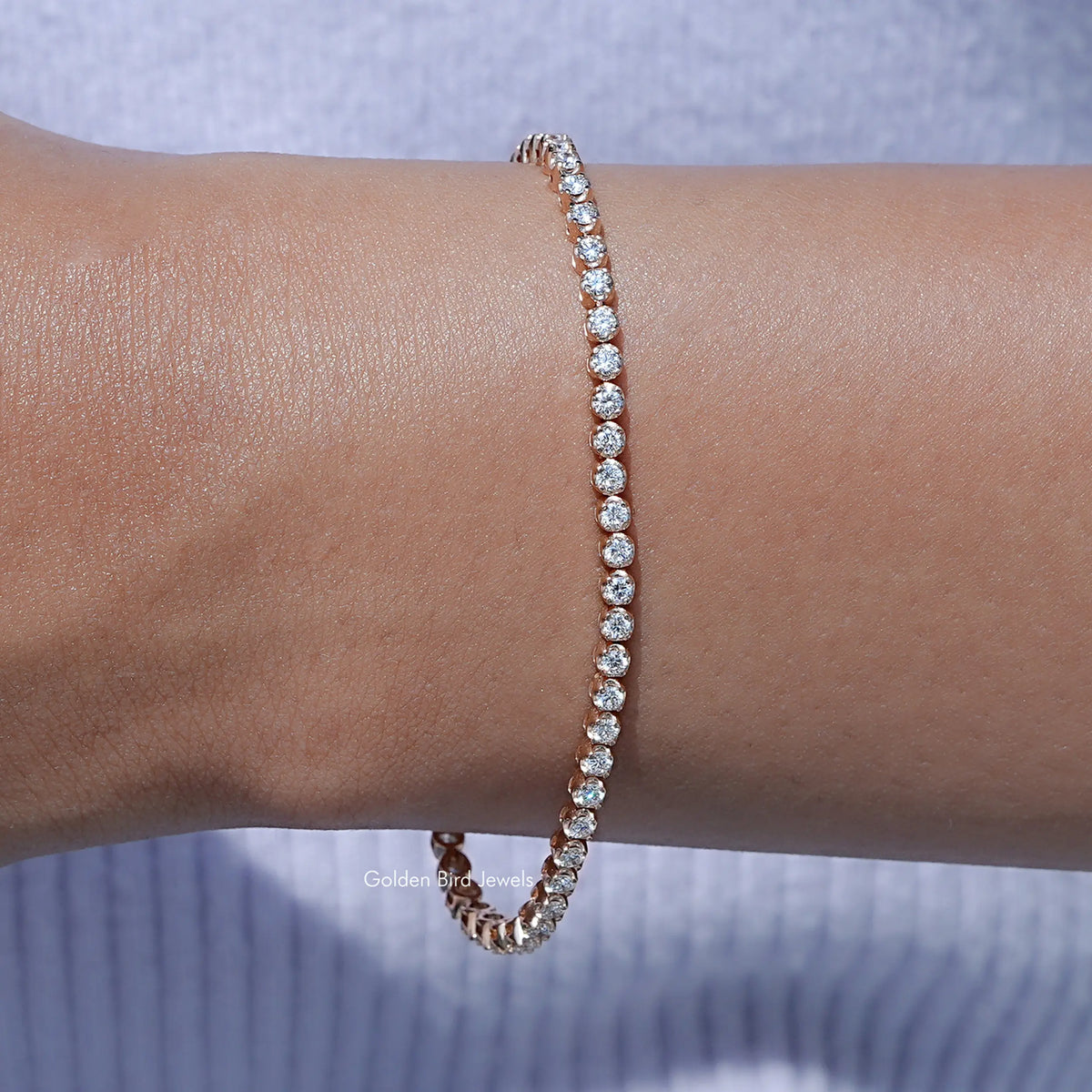 Close up view of Lab Grown Round Diamond Tennis Bracelet