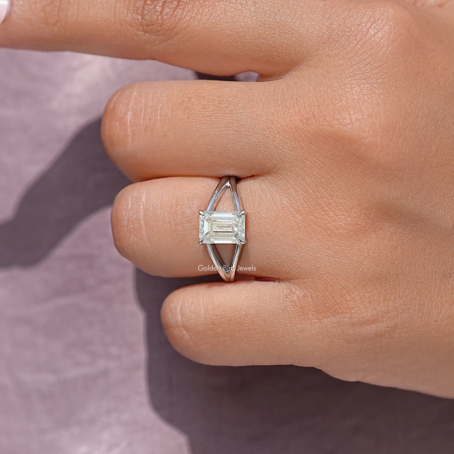 Emerald Cut Moissanite Gemstone Split Shank Ring