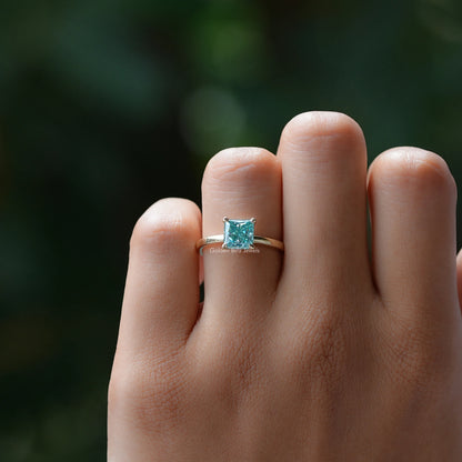 Cyan Blue Princess Cut Moissanite Solitaire Ring