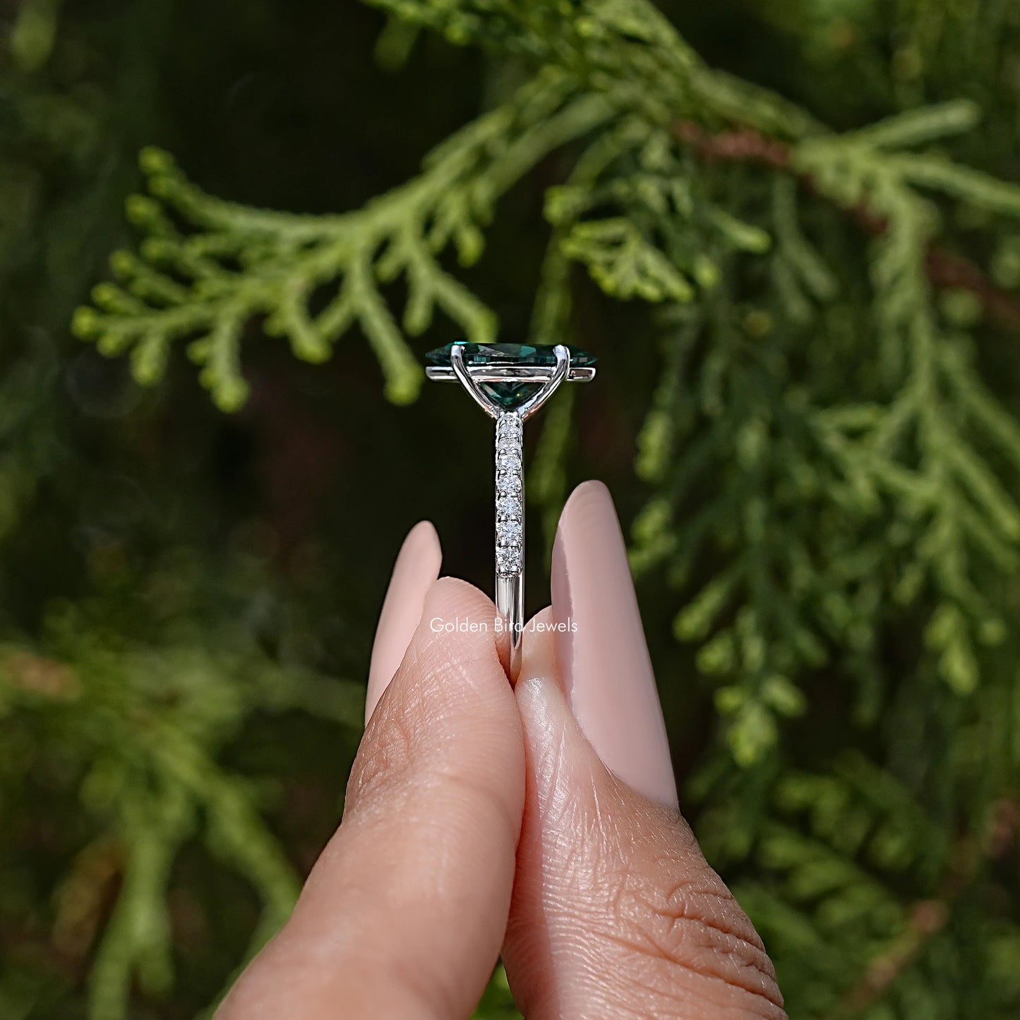 Green Marquise Moissanite Gemstone Solitaire Accent Ring