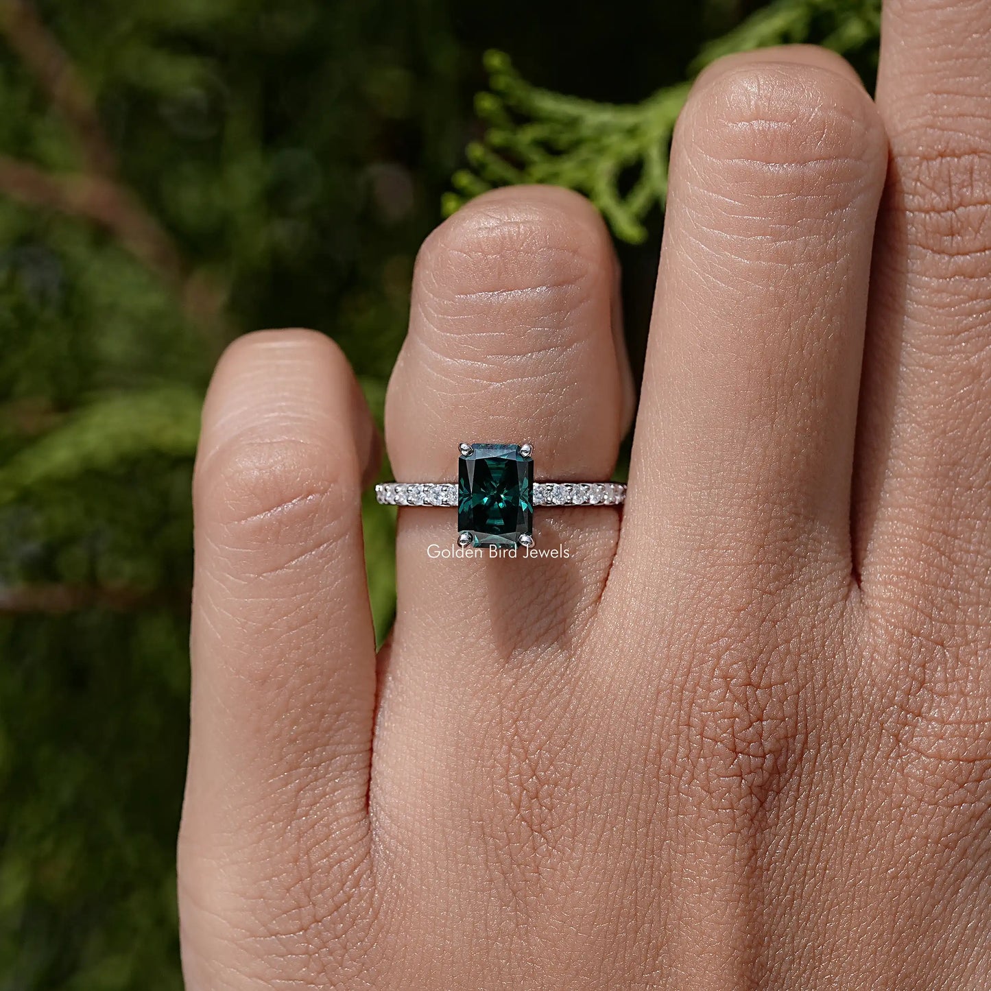 Green Radiant Moissanite Gemstone Solitaire Accent Ring