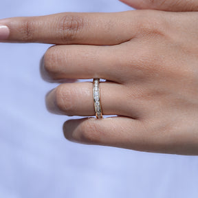 Close View Of Lab Diamond Round Cut Half Channel Set Wedding Band

