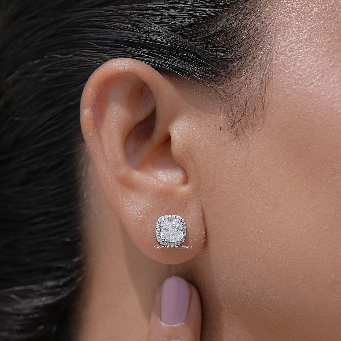 Cushion Cut Moissanite Halo Stud Earrings