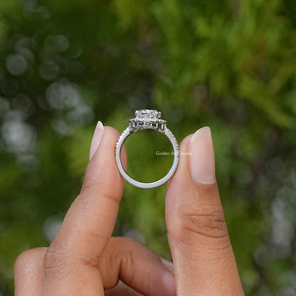 925 sterling silver oval moissanite halo solitaire ring, side view on fingers