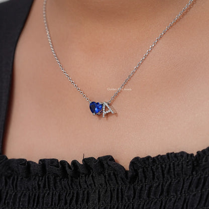 Heart Sapphire and Initial Letter Birthstone Pendant Necklace