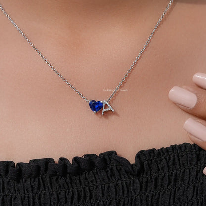 Heart Sapphire and Initial Letter Birthstone Pendant Necklace