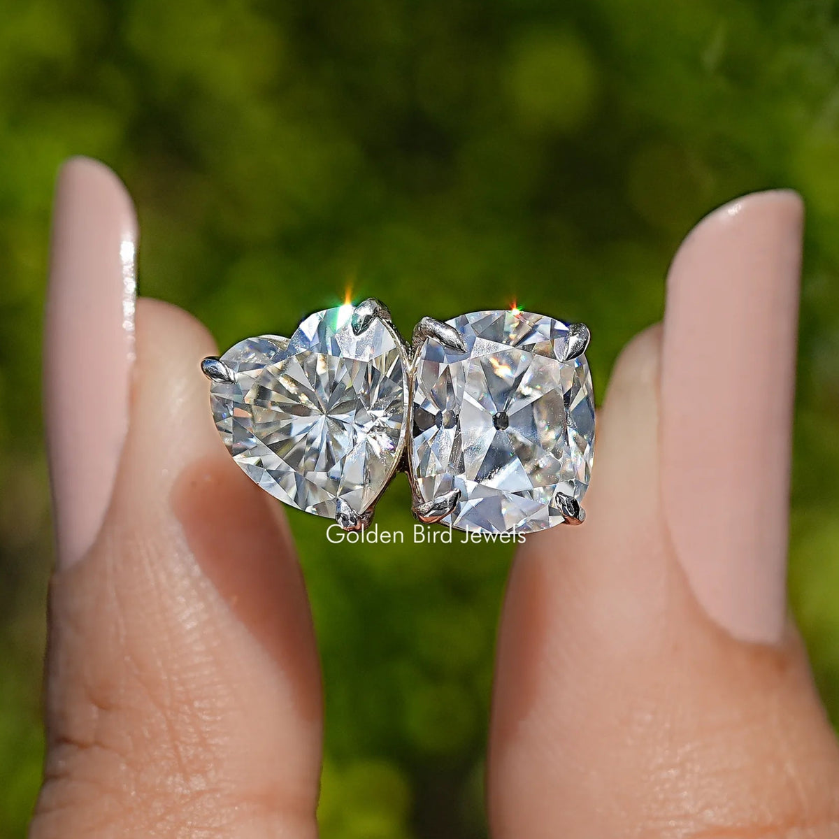 Heart and Old Mine Cushion Moissanite Toi Et Moi Ring