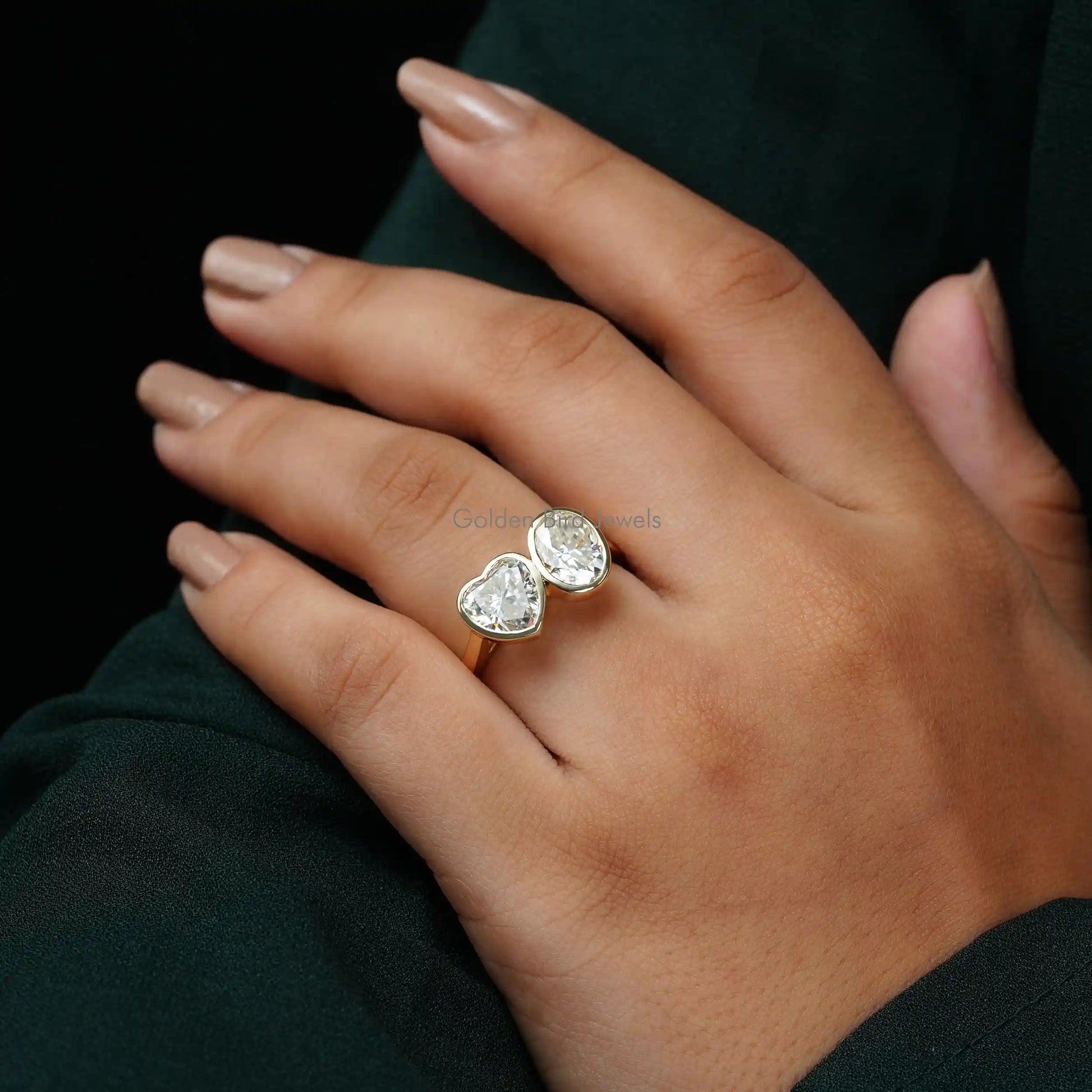 Detailed View Of Oval And Heart Cut 2 Stone Wedding Ring In Yellow Gold