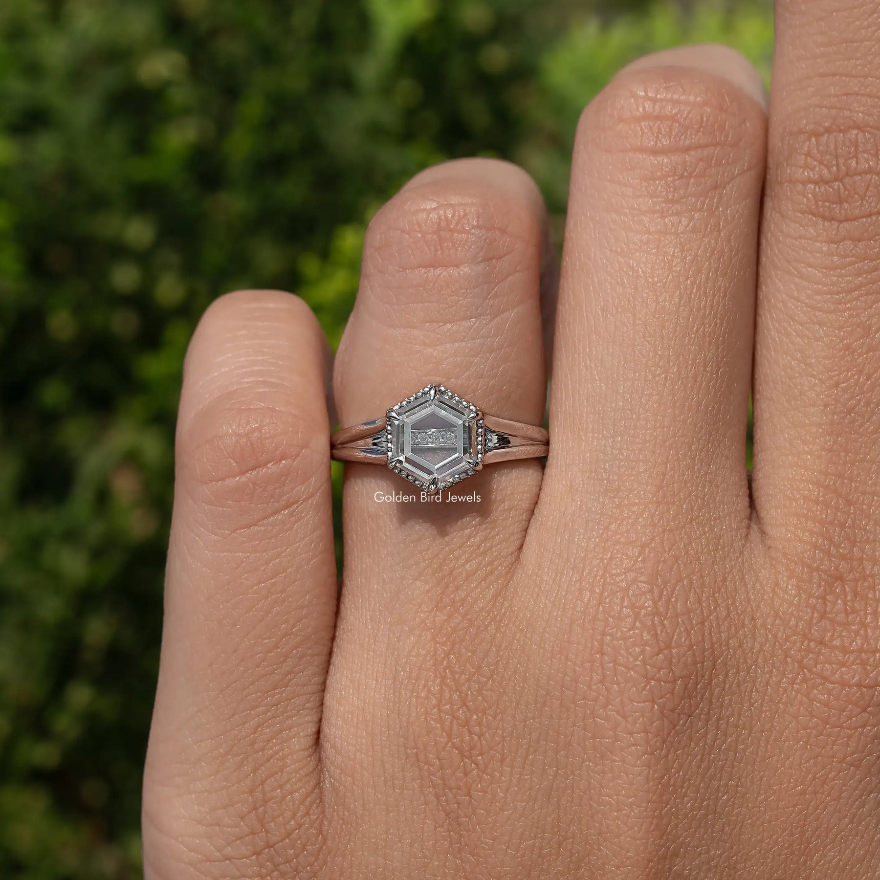 Portrait Hexagon Cut Moissanite Ring
