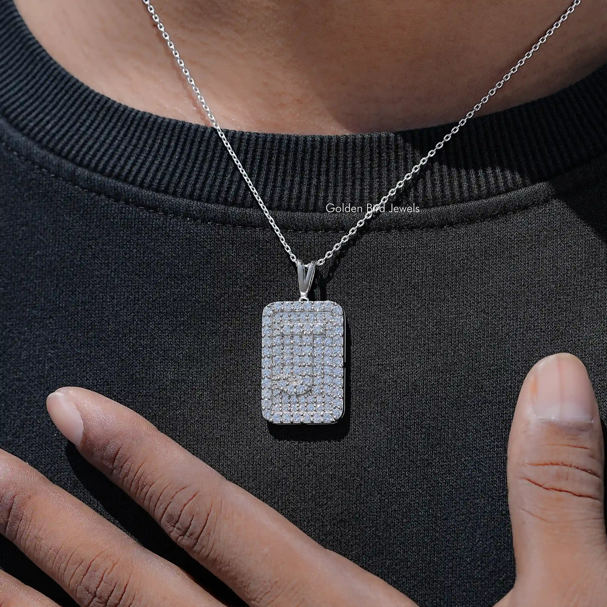 Square lab diamond pendant on silver chain, centered view with hands at sides