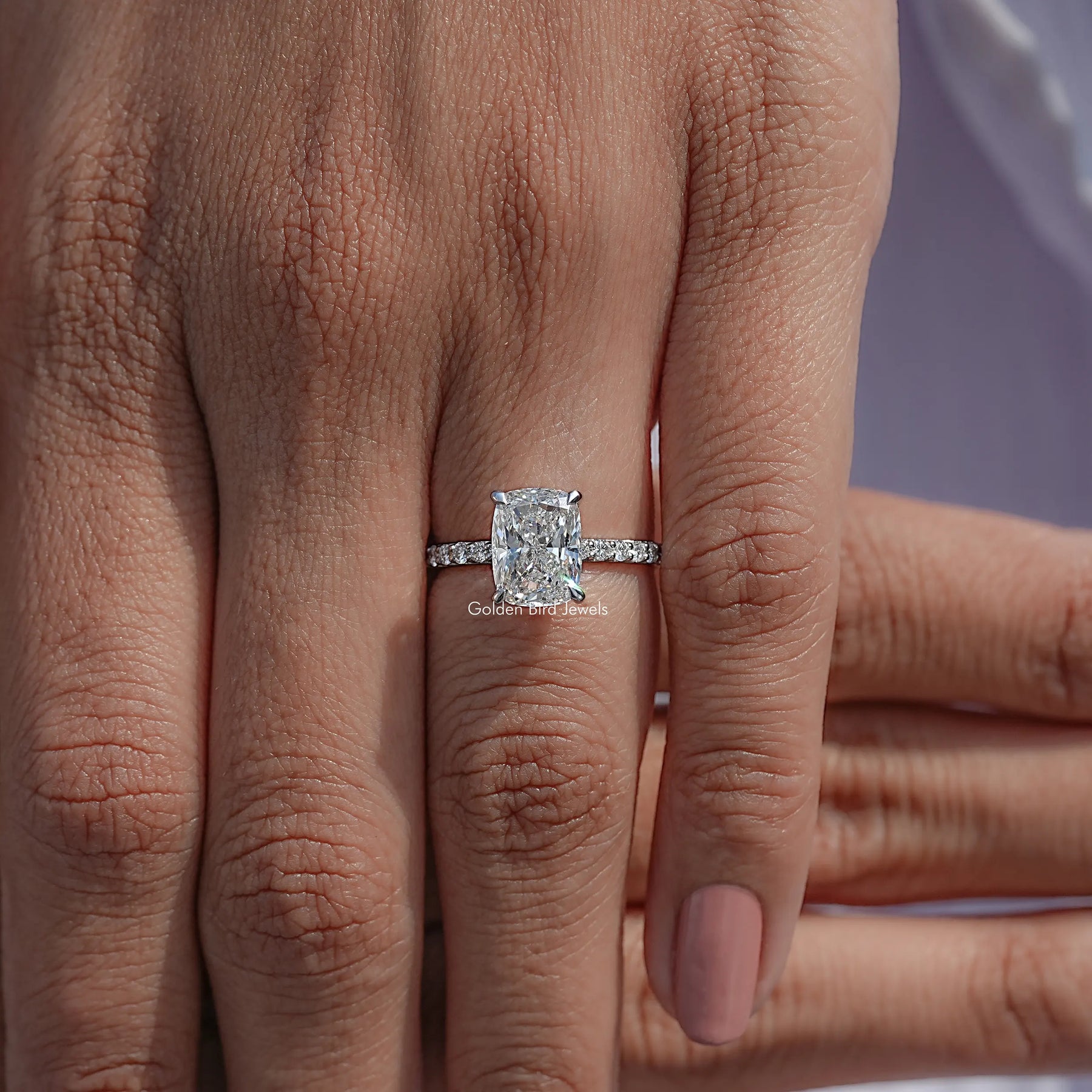 Detailed View Of Cushion Hidden Halo Engagement Ring
