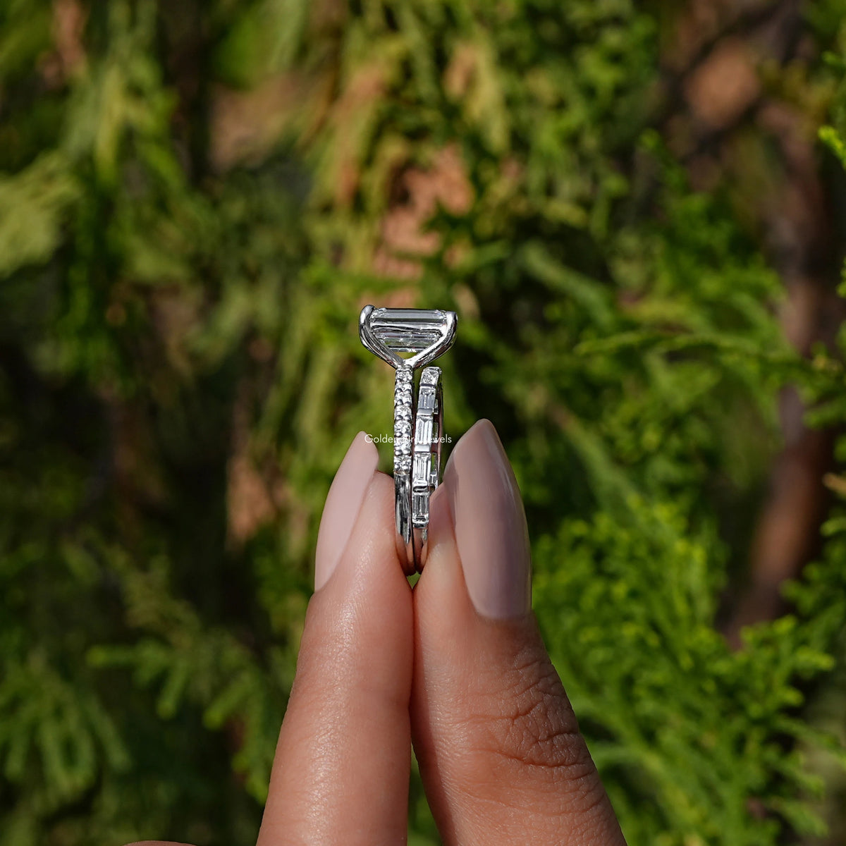 Side View Lab Grown Diamond Emerald Cut Bridal Ring