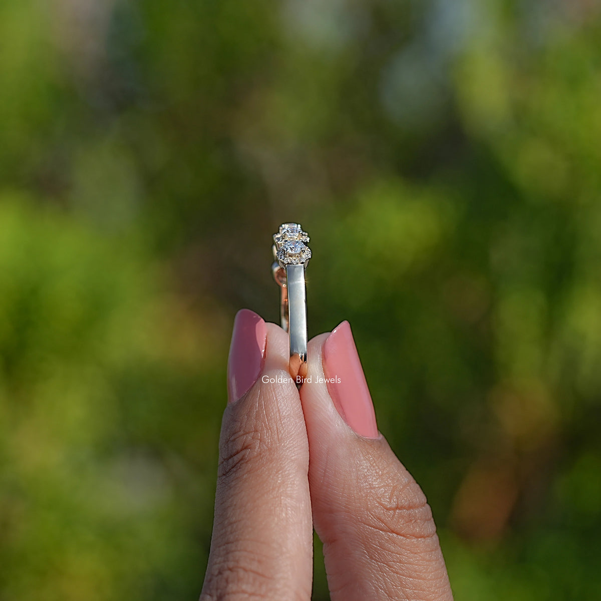 Side View Of Lab Diamond Round Five Stone Halo Band

