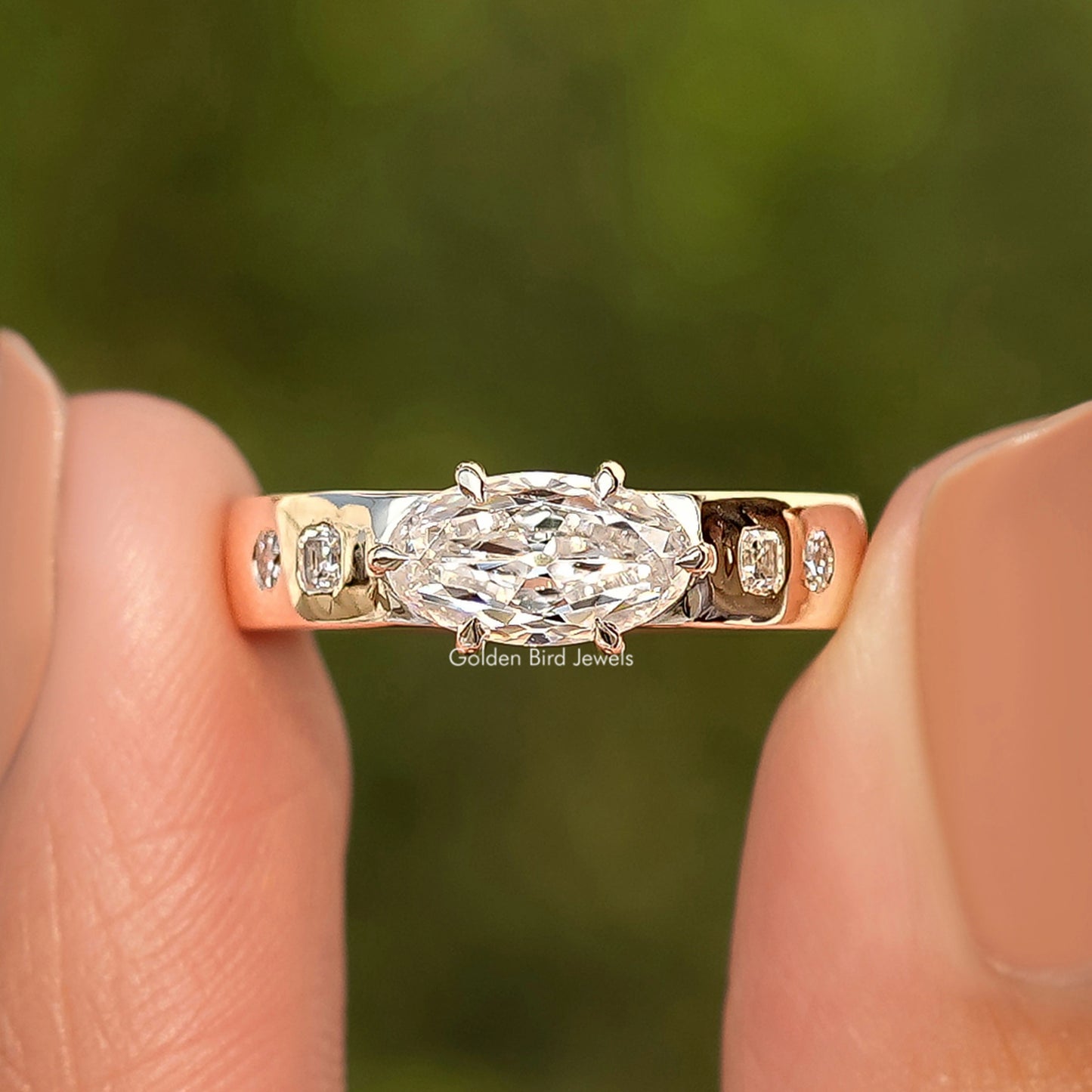 East West Set Old Moval Cut Moissanite Accent  Ring