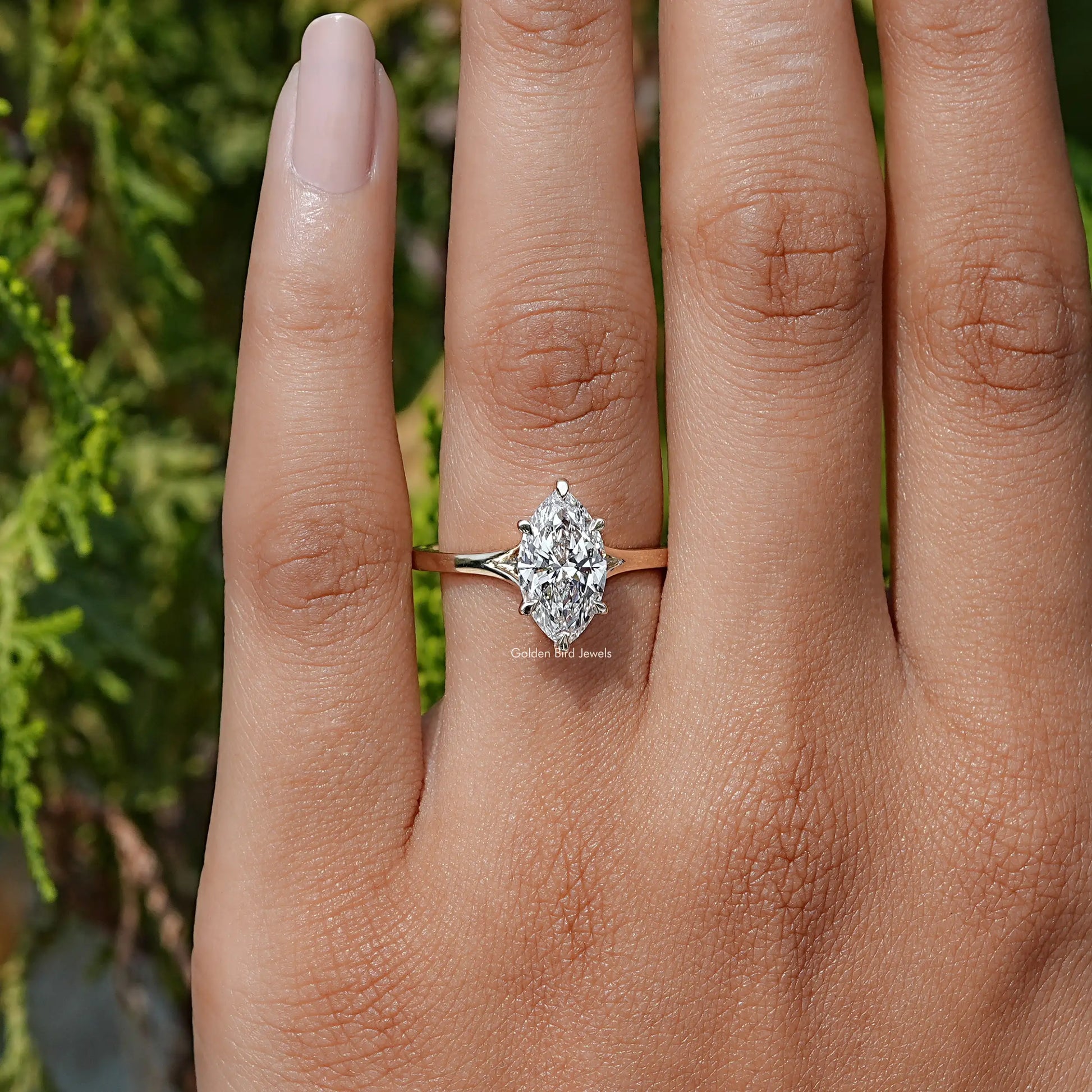 View of Marquise Cut Diamond Engagement Ring In Yellow Gold