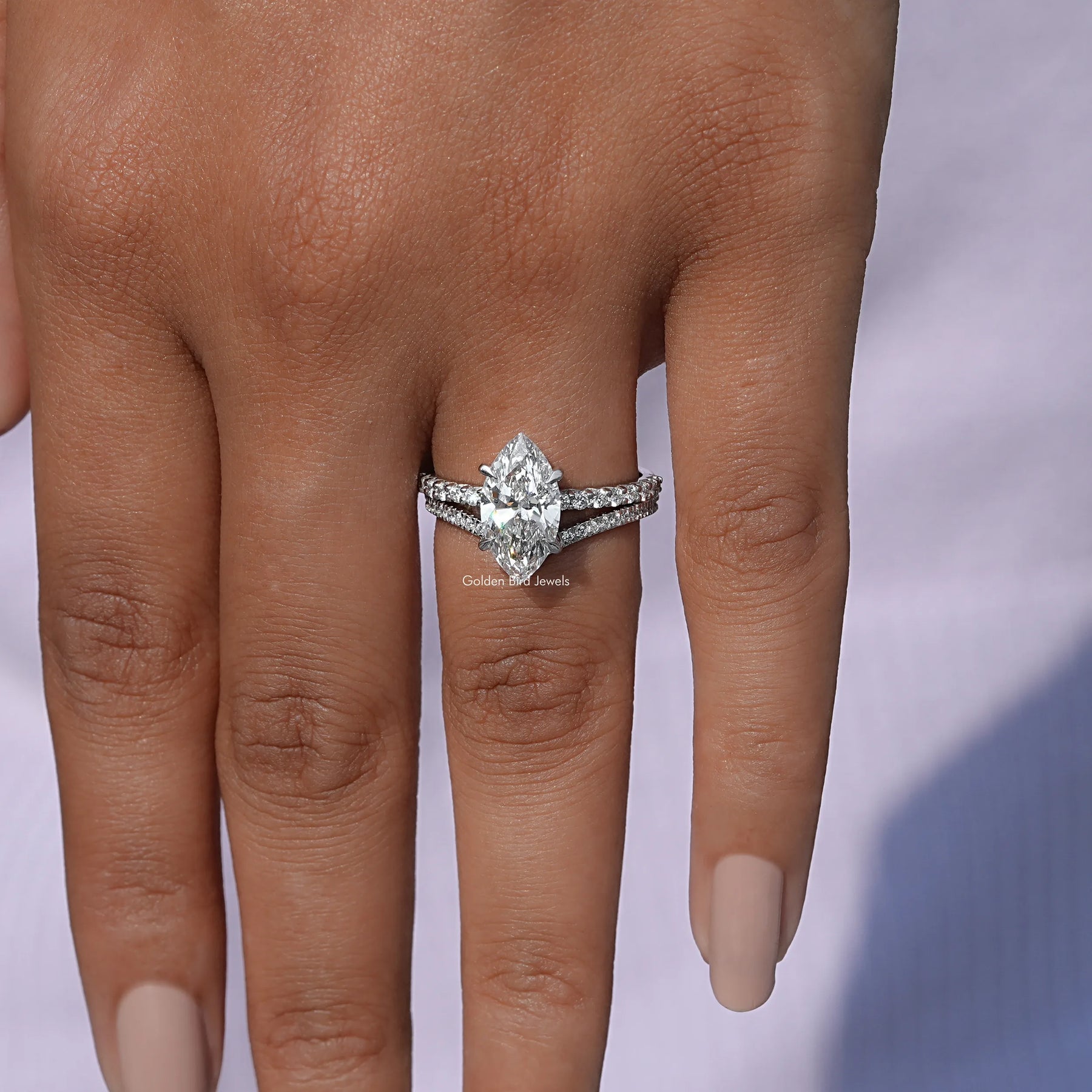 Close-Up View of Marquise Cut lab Diamond Bridal Ring Set 