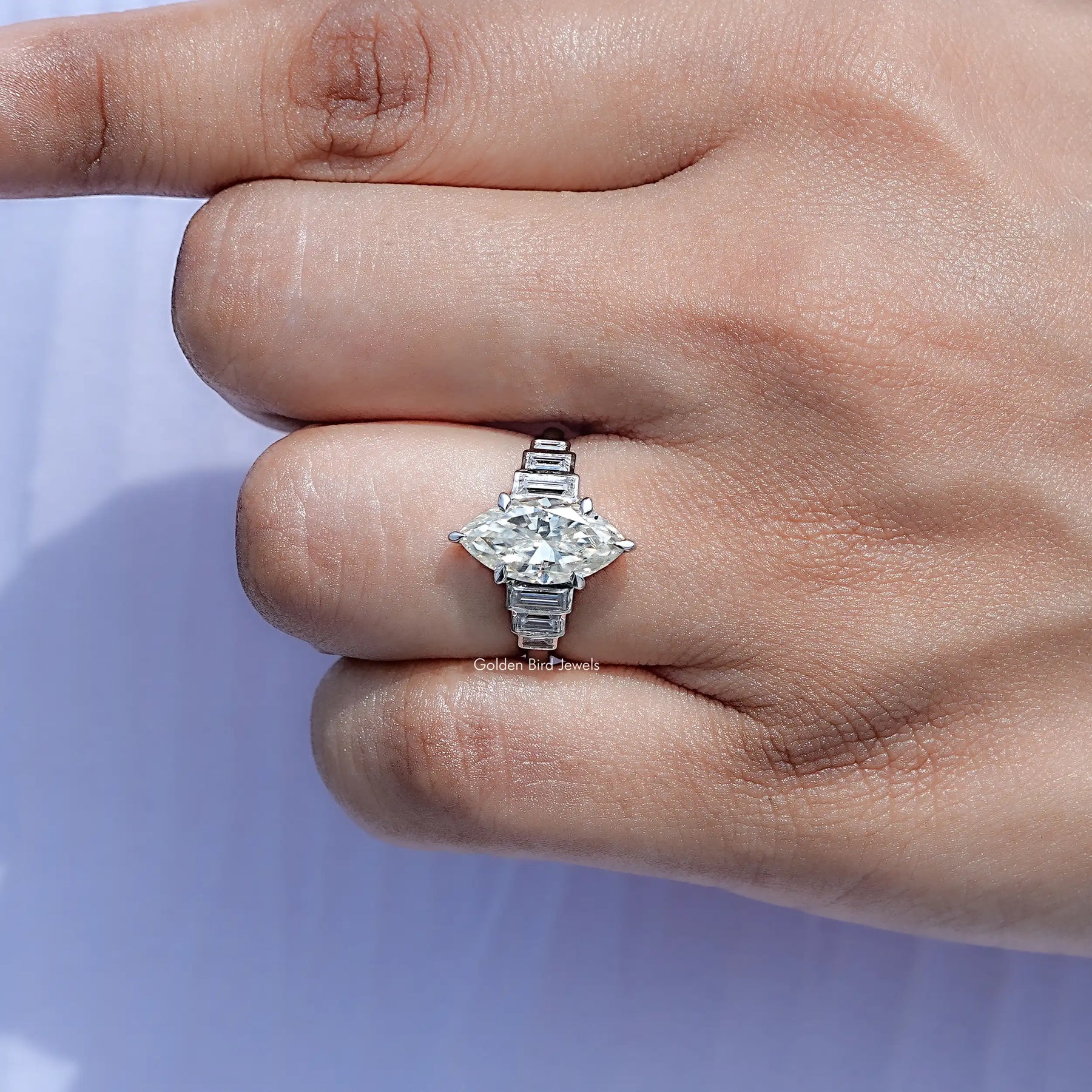 View of Marquise Cut Moissanite Engagement Ring in prongs setting