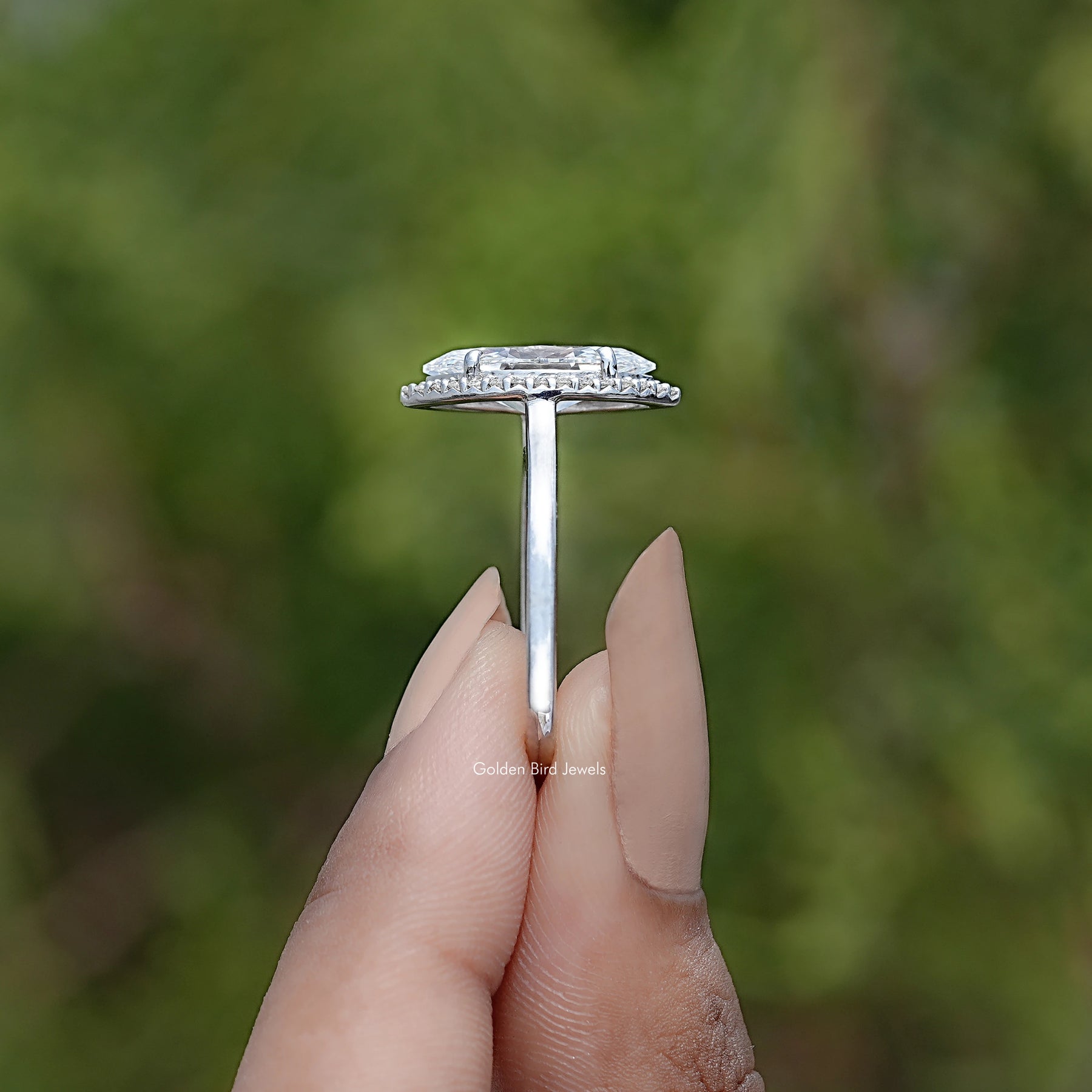 Side View Of Marquise Lab Diamond Halo Engagement Ring
