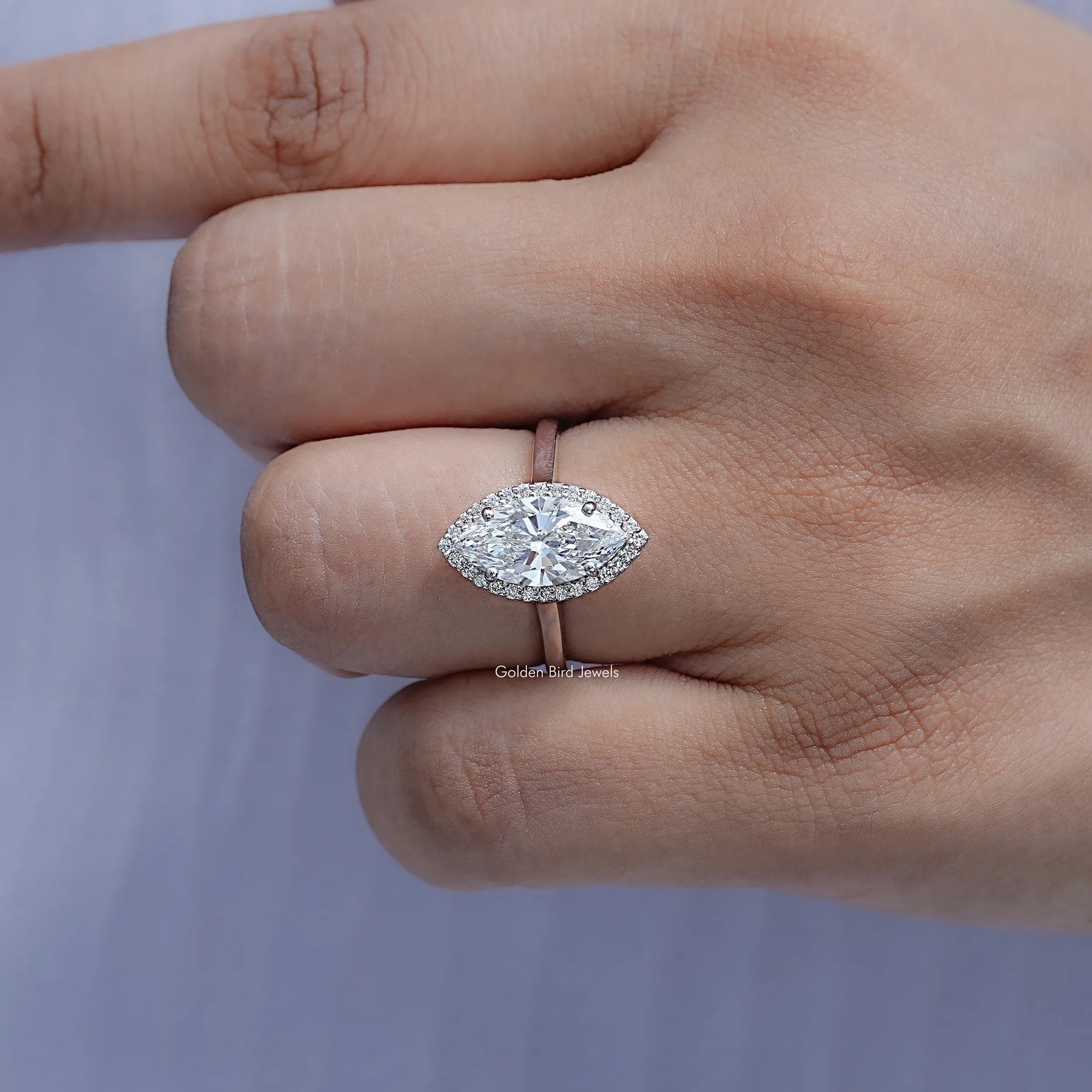 Close View Of Marquise Lab Diamond Halo Engagement Ring	
