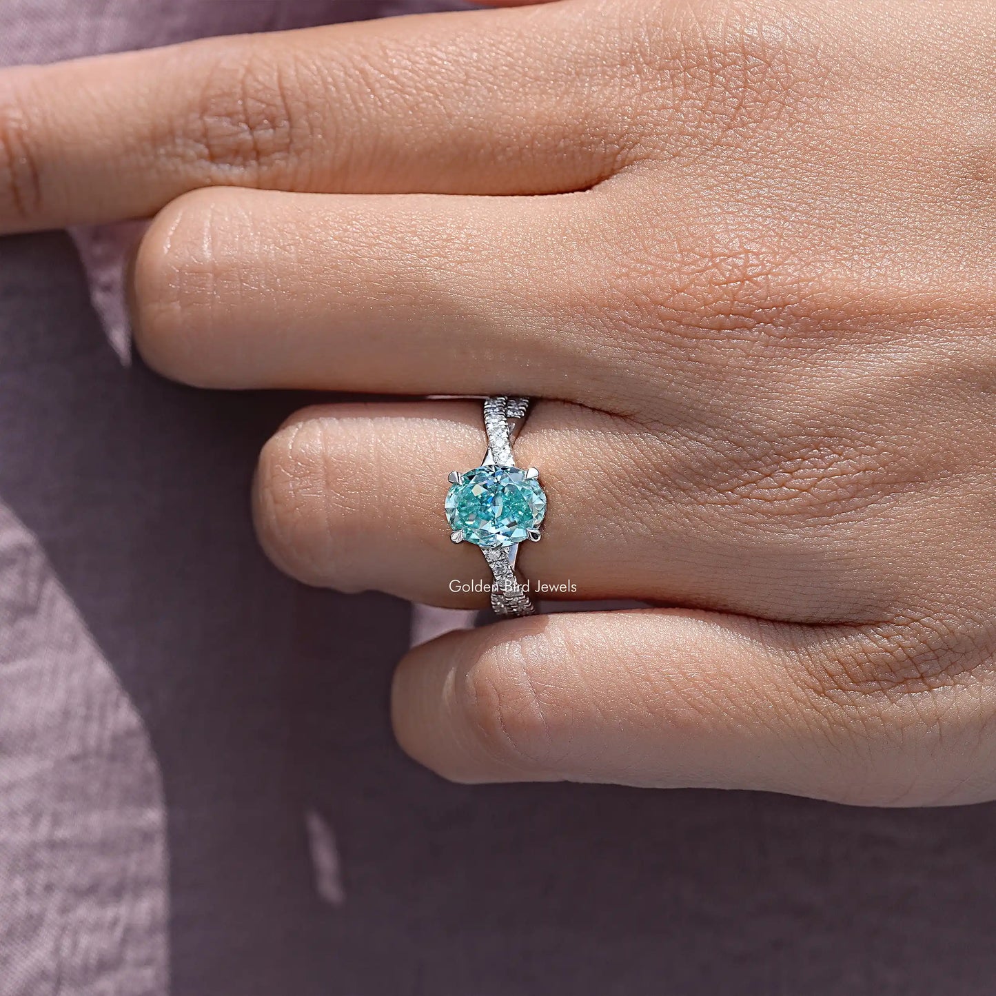 Blue Oval Moissanite Gemstone Accent Wedding Ring