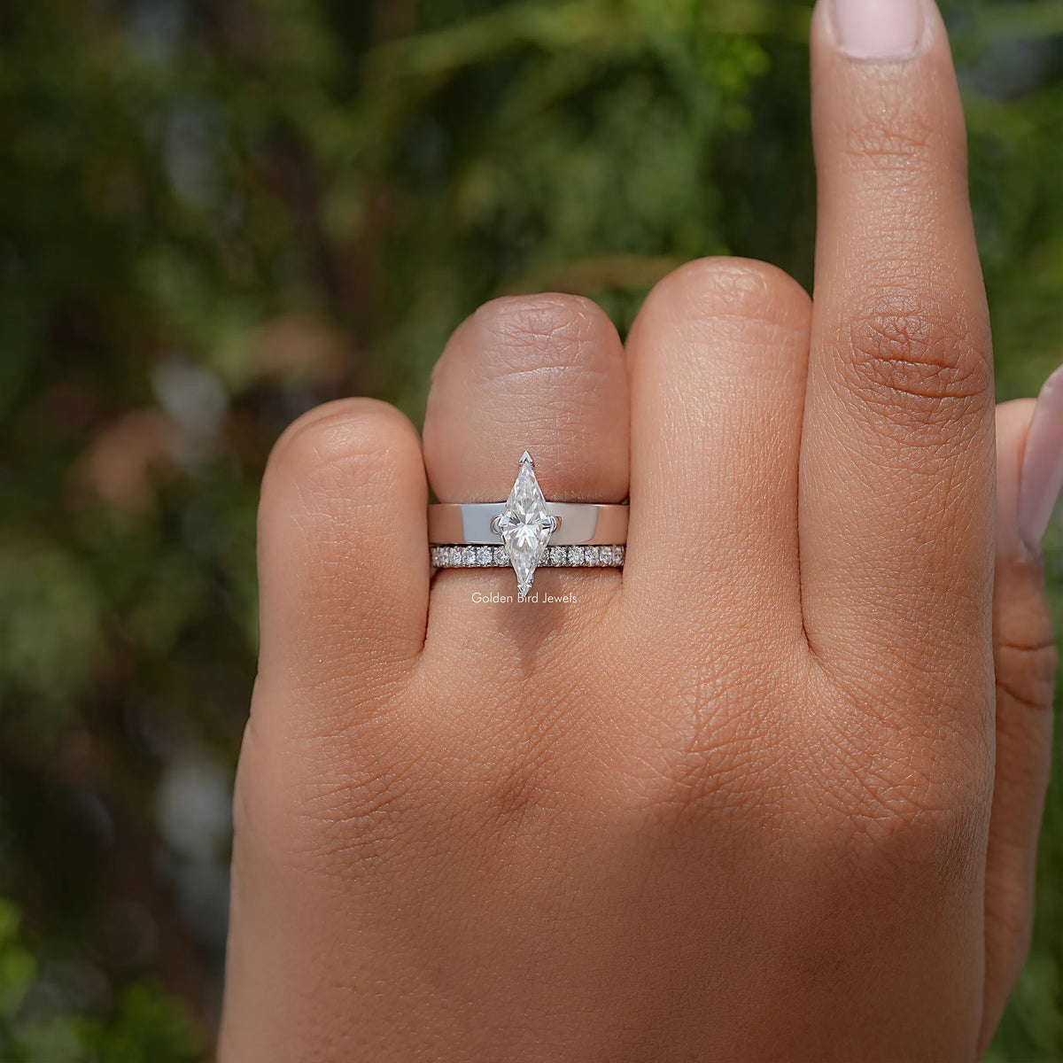 Lozenge Cut Moissanite Solitaire Diamond Bridal Set Ring