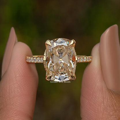 Elongated Old Mine Cushion Hidden Halo Moissanite Engagement Ring