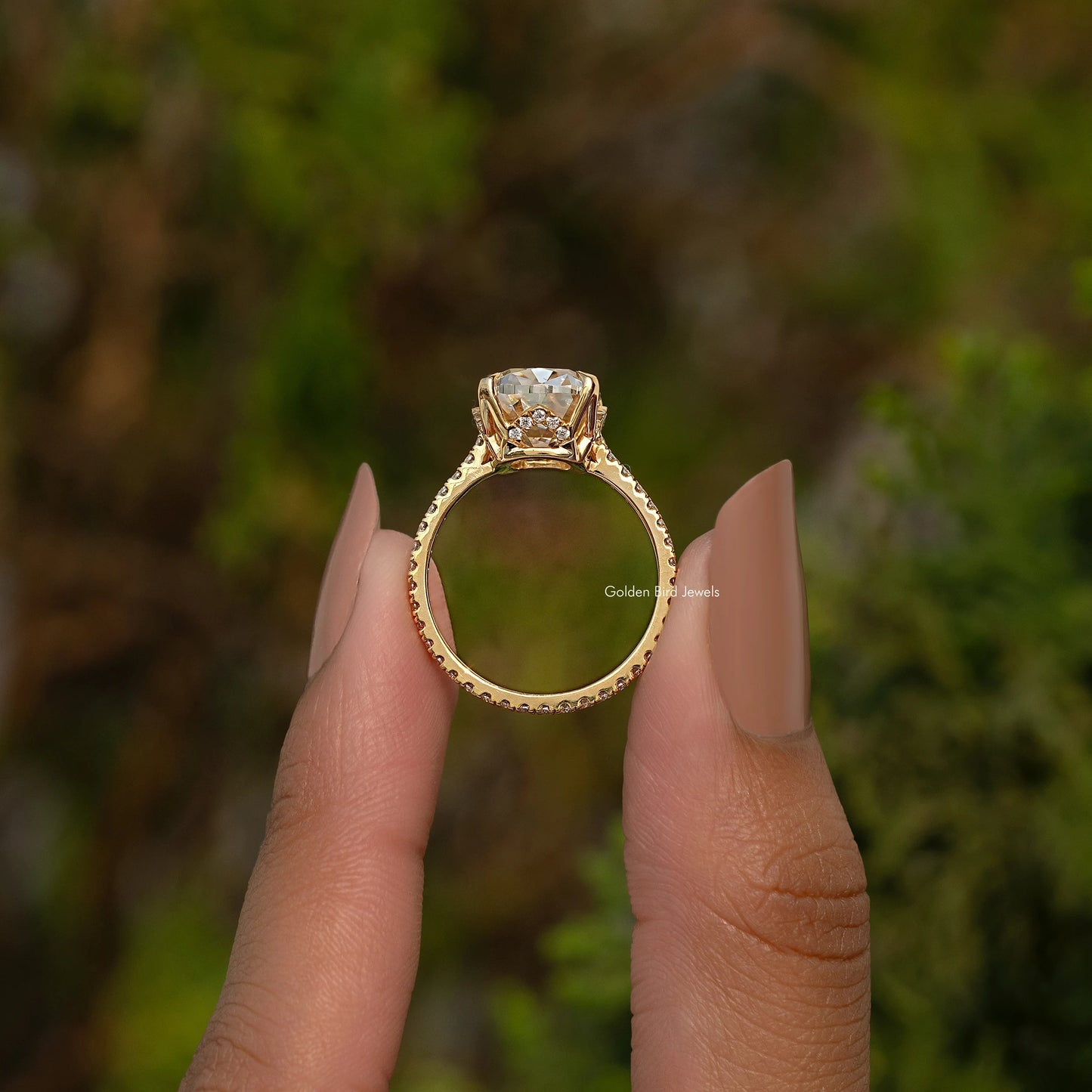 Elongated Old Mine Cushion Hidden Halo Moissanite Engagement Ring