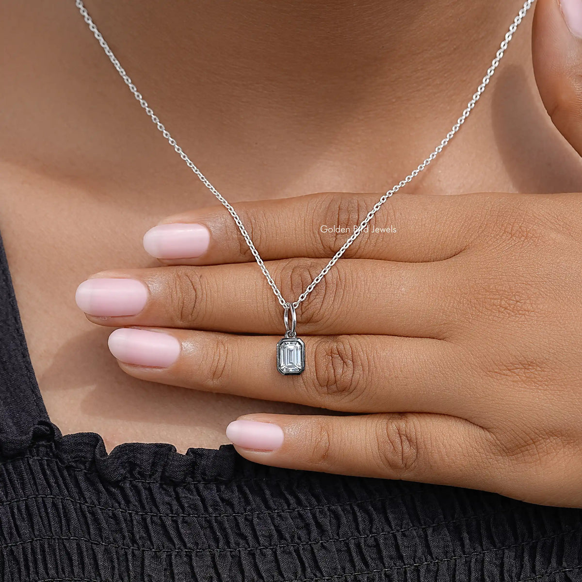 Black Bezel Emrerald Moissanite Solitaire Pendant