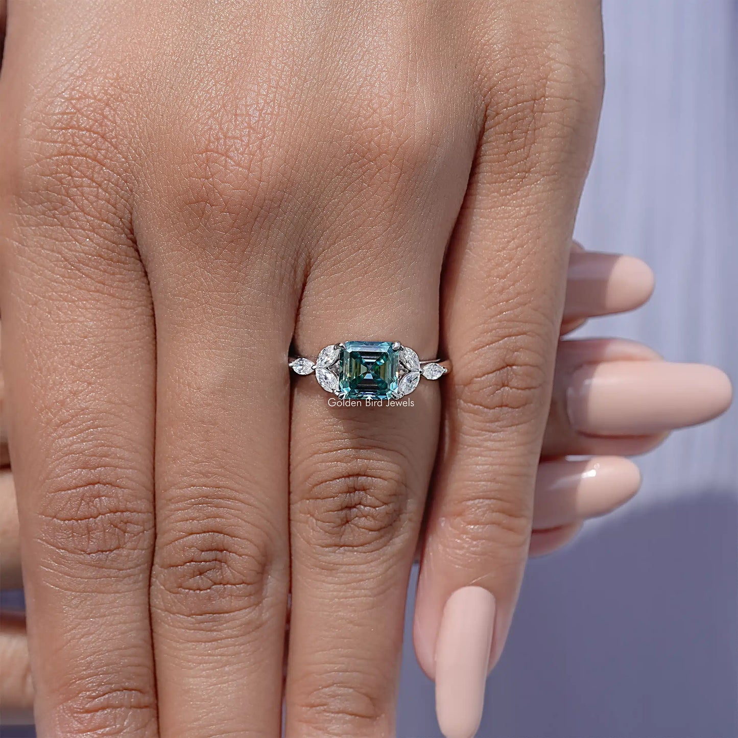 Dark Green Asscher Cut Moissanite Gemstone Wedding Ring
