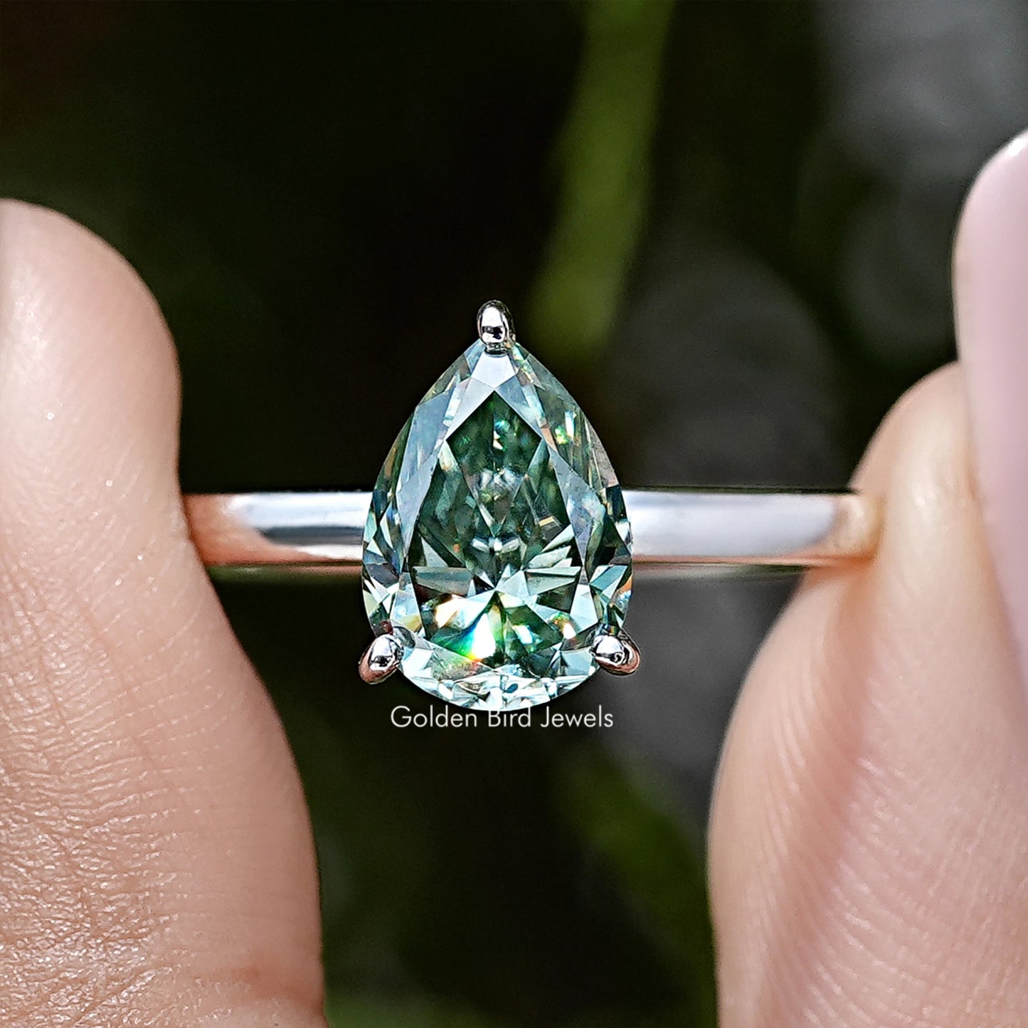 Pear Cut Moissanite Gemstone Hidden Halo Engagement Ring