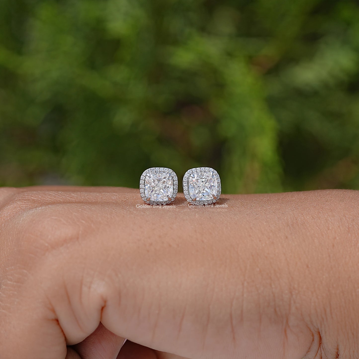 Cushion Cut Moissanite Halo Stud Earrings