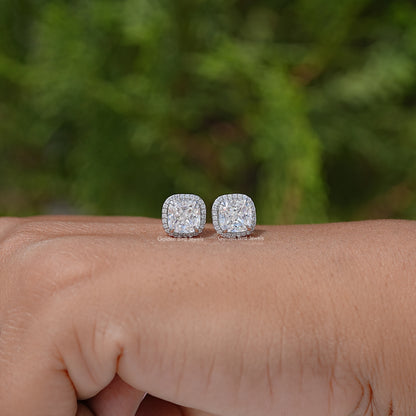 Cushion Cut Moissanite Halo Stud Earrings