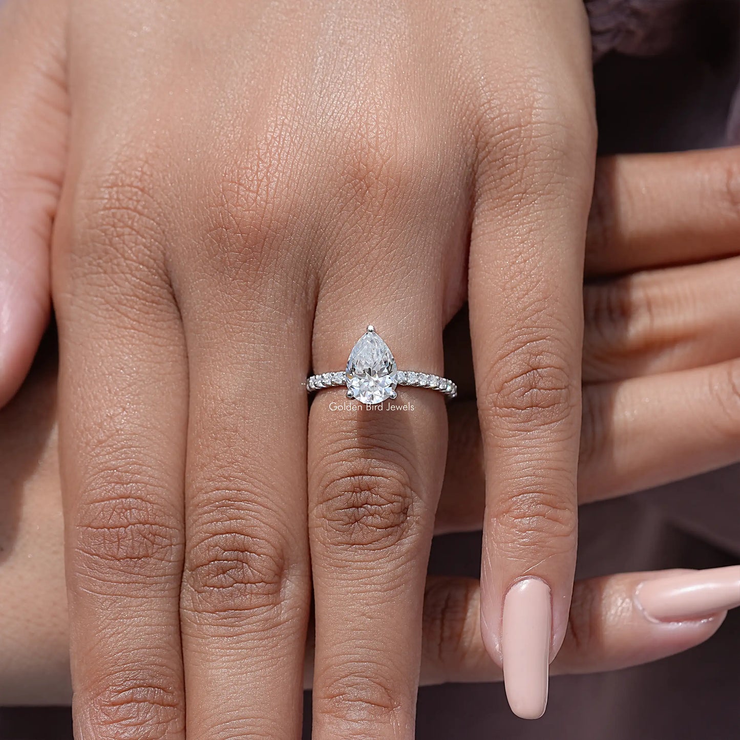Pear Cut Moissanite Solitaire Accent Wedding Ring