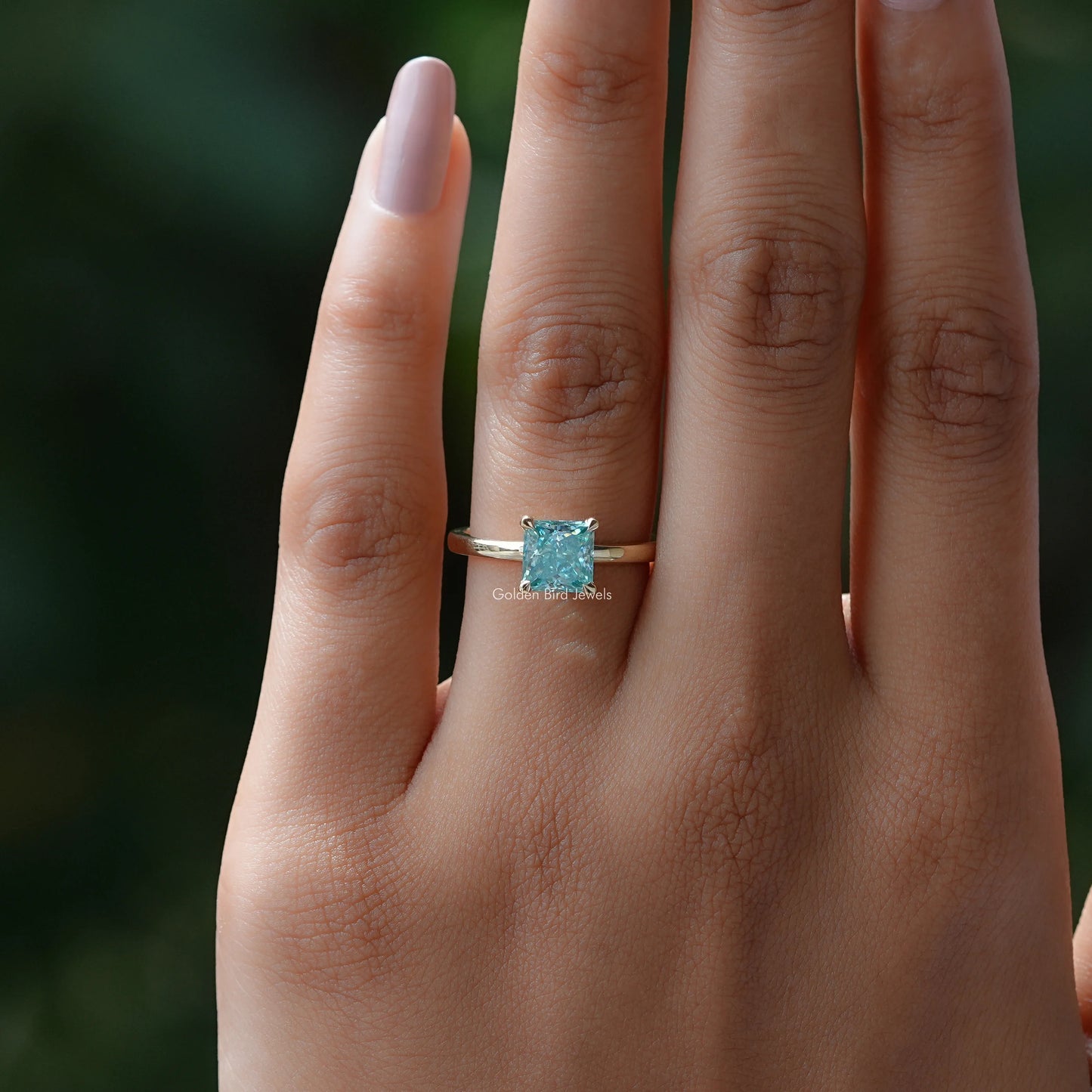 Cyan Blue Princess Cut Moissanite Solitaire Ring