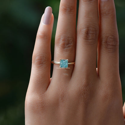 Cyan Blue Princess Cut Moissanite Solitaire Ring