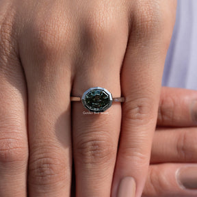 Moissanite Step Cut Oval Blue Green Solitaire Bezel Set Ring