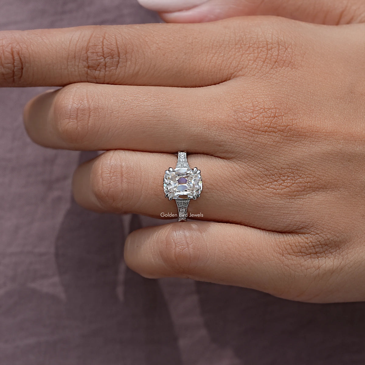 Elongted Old Mine Cushion Solitaire Vintage Ring