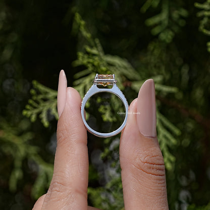 Champagne Princess Moissanite Accent Halo Ring