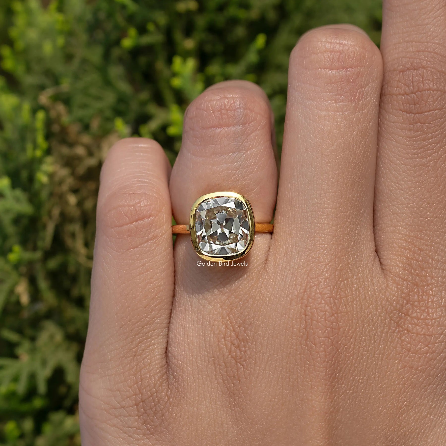 Moissanite Old Mine Cushion Cut Bezel Set Engagement Ring